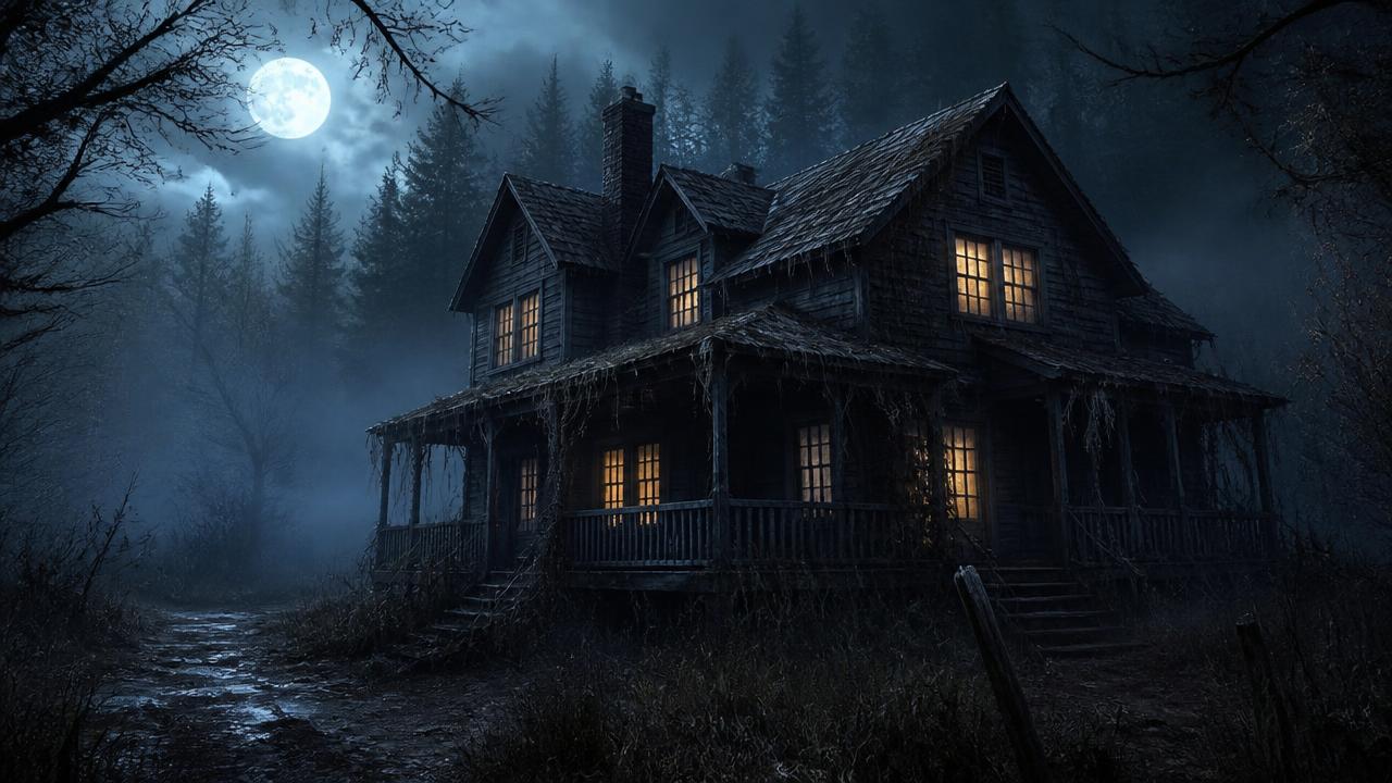 Cinematic concept illustration of a moonlit house in a forest